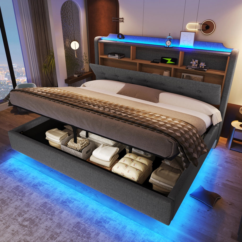 Letto matrimoniale contenitore 180x200 cm effetto sospeso con LED; testiera portaoggetti; USB e USB-C; lino grigio