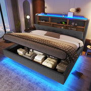 Letto matrimoniale contenitore 180x200 cm effetto sospeso con LED; testiera portaoggetti; USB e USB-C; lino grigio