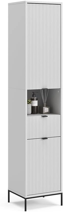 Mobiletto da bagno Eliza, Bianco, 40 x 190 cm con ante e cassetto, per la conservazione di accessori da bagno e combinabile con la serie Eliza