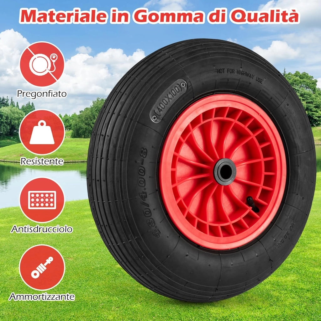 4,80/4,00-8 Ruota Pneumatica per Carriola, 40 cm Ruota in Gomma Antiforatura con Cerchione in PP, Cuscinetto da 2 cm, 250 kg, per Carrello, Rimorchio da Giardino (2 Pezzi)