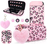 Supporto di scambio compatibile per Nintendo Switch OLED con design leopard, custodia rigida portatile - rosa - con copertura in silicone, cover per pollice e fiocco di peluche con cuore.