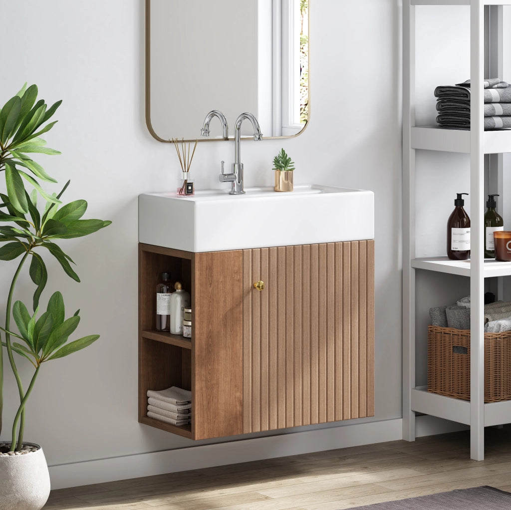 Mobile bagno ULEVR con lavabo in ceramica, vano contenitore e ripiani laterali, marrone