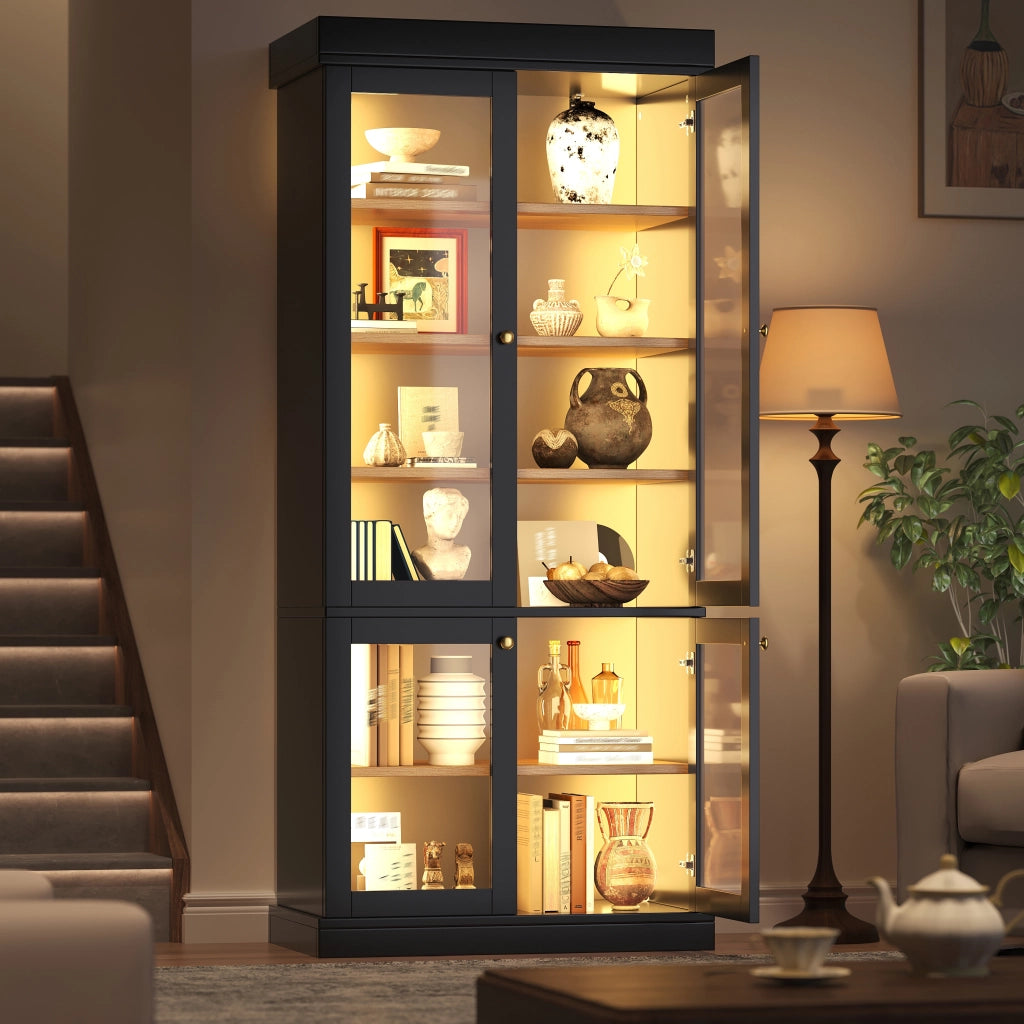 Armadio con LED e 2 sistemi antiribaltamento, ripiani regolabili, per soggiorno e camera da letto, nero 160 × 40 × 180 cm