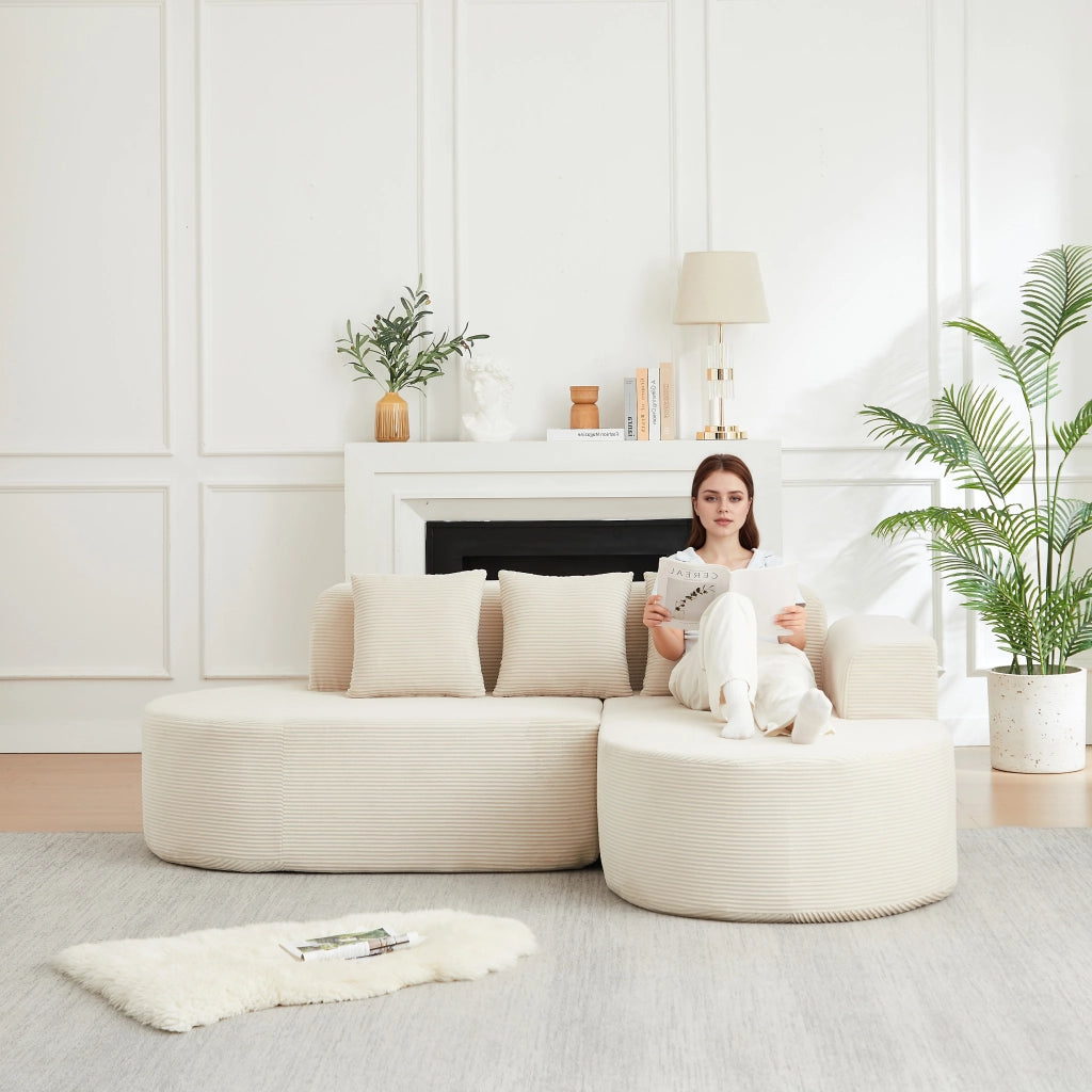 Divano angolare con chaise longue curva; in velluto a coste; beige 220 × 155 × 70 cm