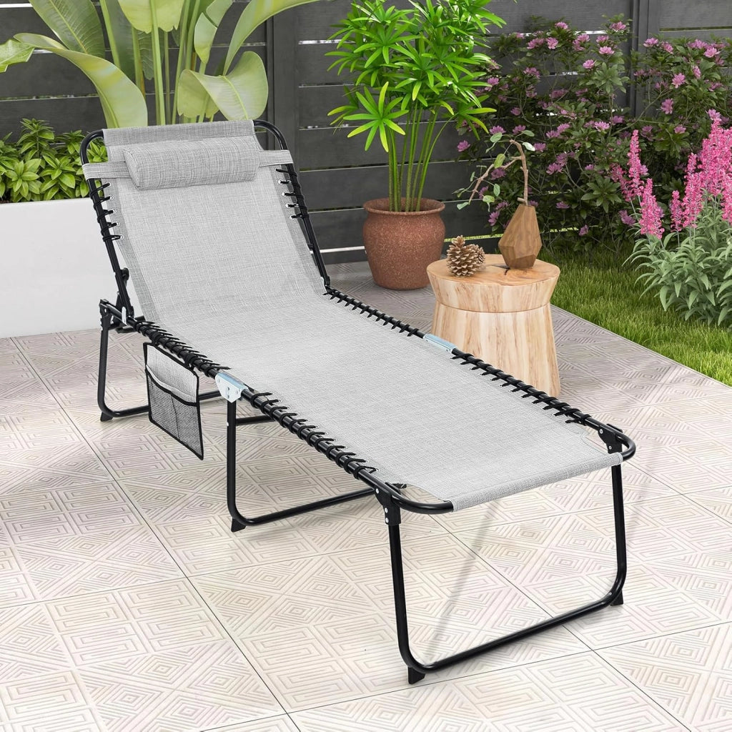 Lettino Prendisole da Giardino, Sedia a Sdraio Pieghevole con Schienale Regolabile, Cuscino Staccabile, Tasca, Portata 200 kg, 168-188 x 69 x 41-86 cm (Grigio)