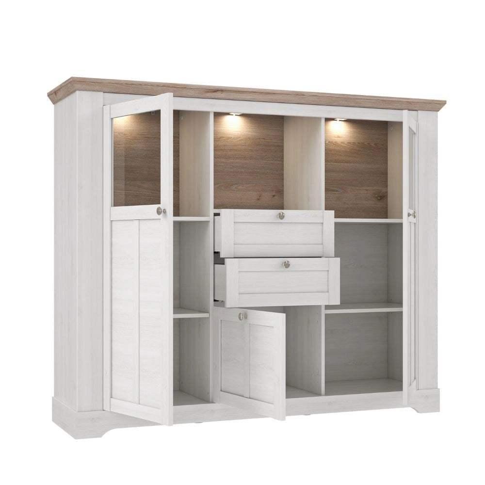 Credenza Forma 3 Ante con Vetro Temperato e Luci LED Rovere Bianco Neve e Olmo Scuro – Design Luminoso