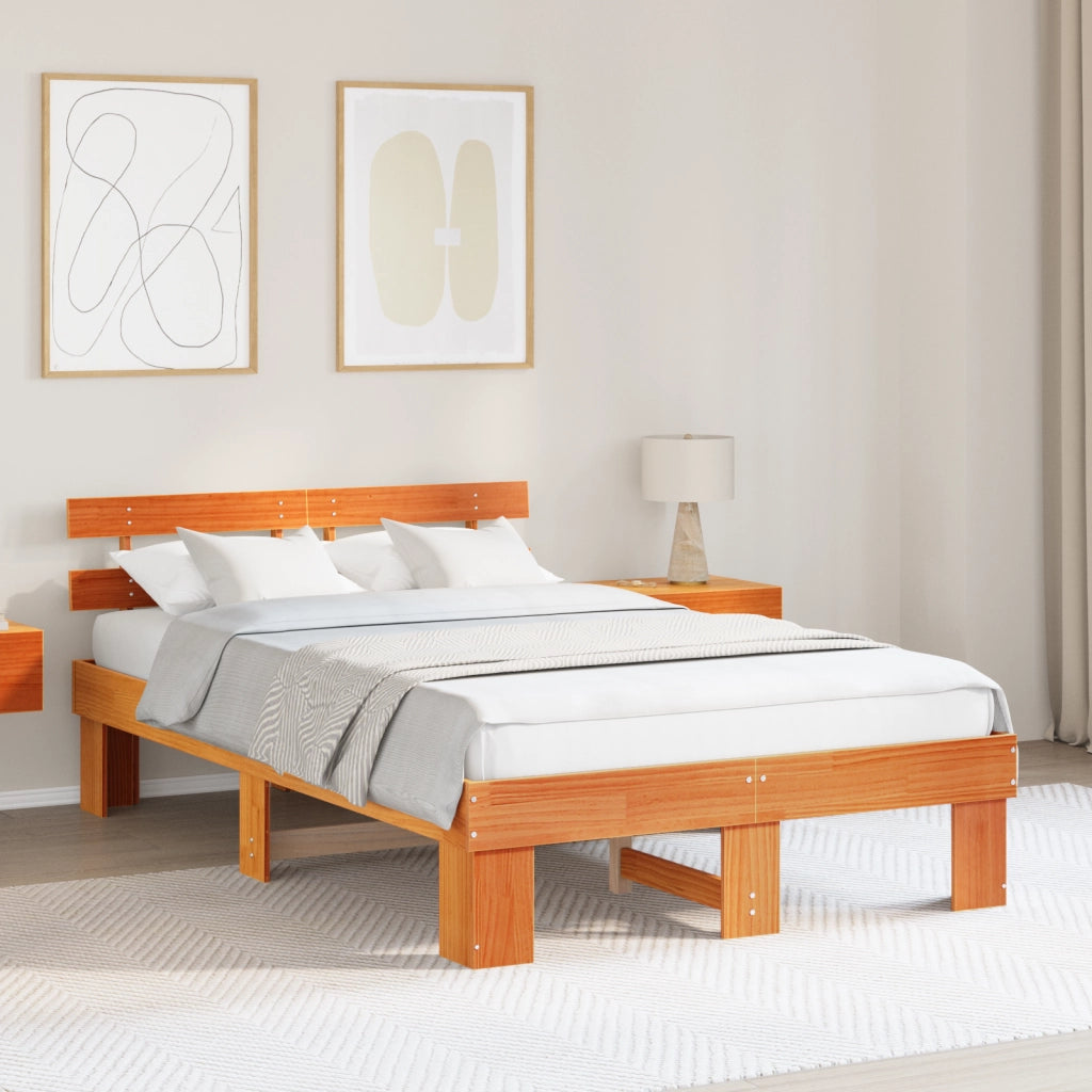 Struttura Letto con Testiera Marrone Cerato 135x190 cm Legno Massello di Pino