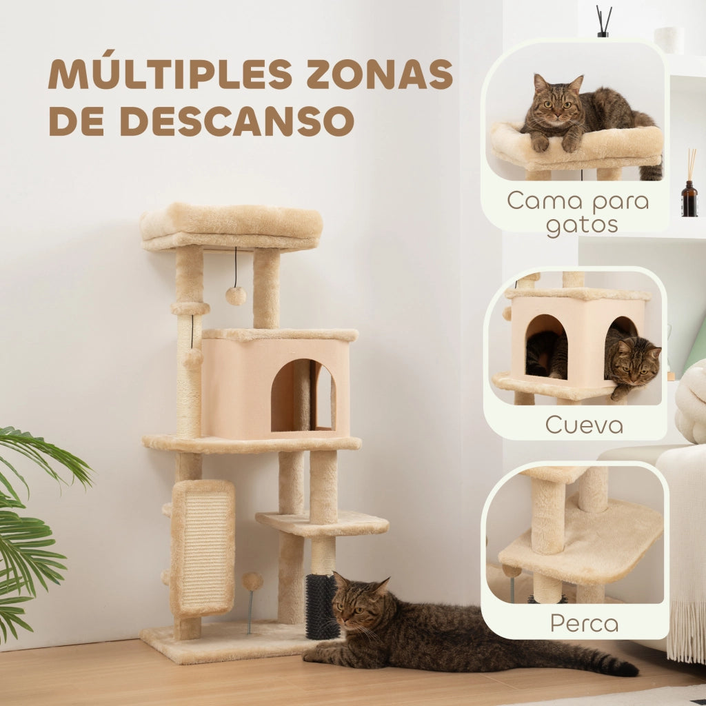 Albero tiragraffi per gatti con piattaforme, spazzola, palline e cuscino ¨C Minimal ¨C 104cm beige
