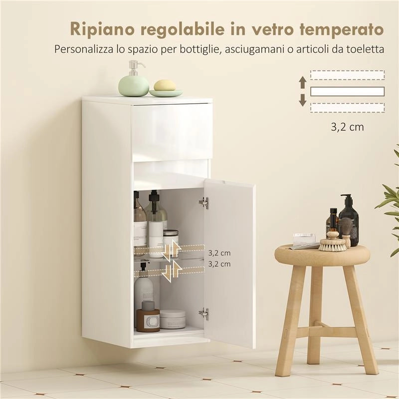 MOBILETTO BAGNO SOSPESO CON CASSETTO, ANTA LUCIDA E RIPIANO IN VETRO REGOLABILE, BIANCO
