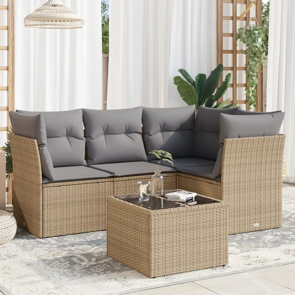 Set Divano da Giardino 5 pz con Cuscini Beige in Polyrattan