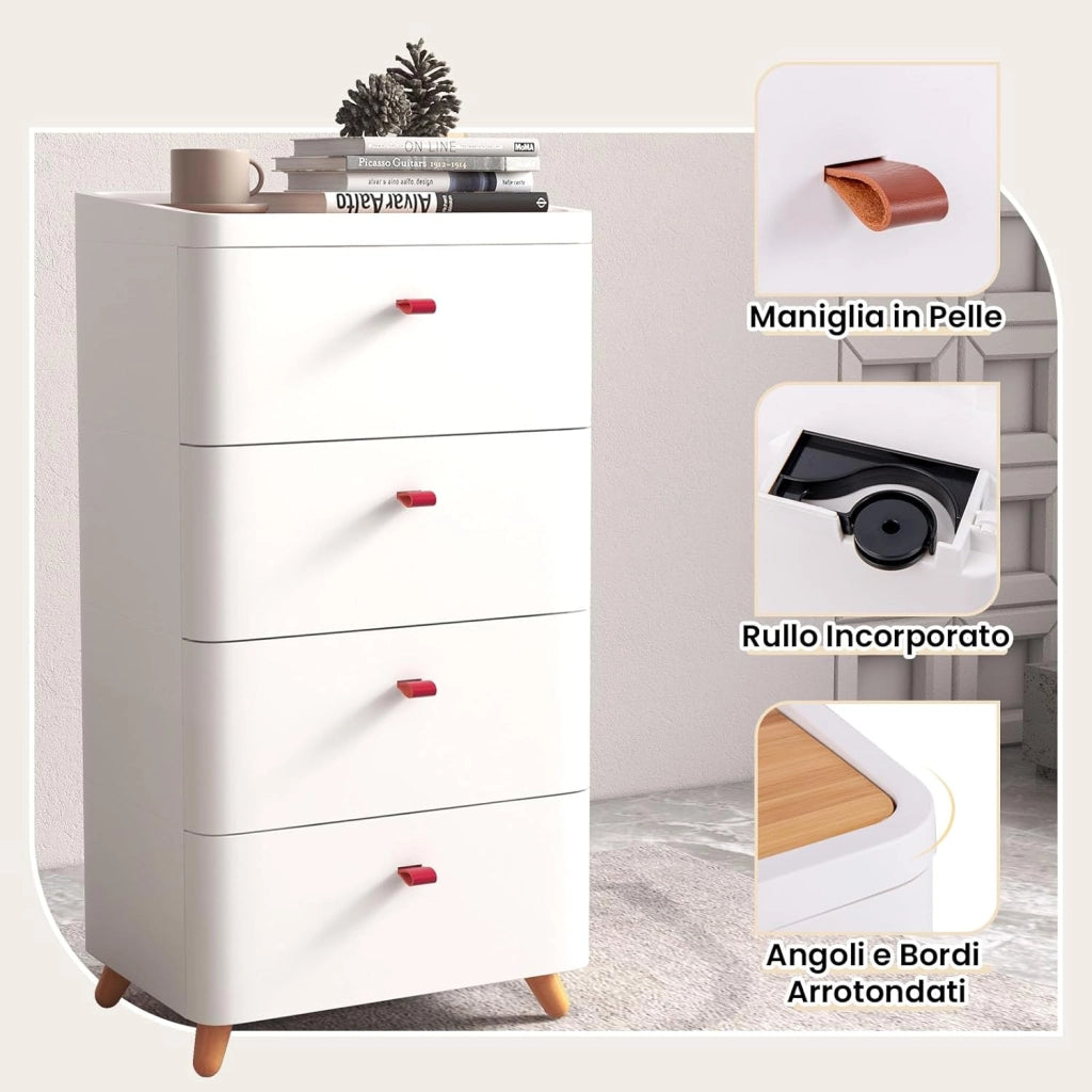 Cassettiera a 4 Cassetti in PP, con Vassoio Rimovibile, Armadio di Stoccaggio Verticale con Gambe in Legno Massello, per Camera da Letto, Soggiorno e Bagno, 42 x 32 x 81 cm
