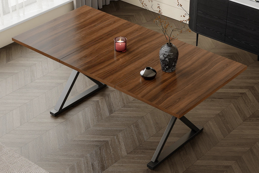 Tavolo da pranzo moderno 180×90 cm in MDF, colore noce, con gambe in metallo nere, per 6-8 persone