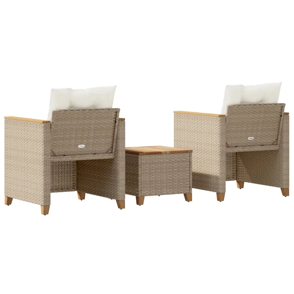Set da BistrÃ² 3 pz con Cuscini Beige Polyrattan e Legno Acacia