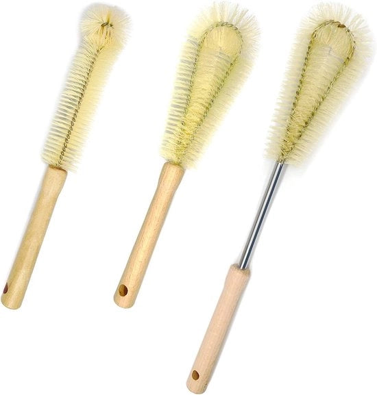 Set di 3 spazzole per pulire bottiglie - Spazzola a lunghezza standard per caraffe - Spazzola per caffettiera in vetro - Vaso in vetro - Fusto in vetro.