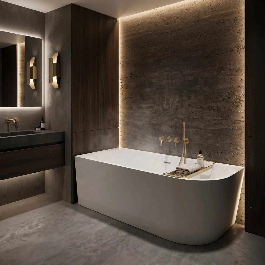 Vasca Da Bagno Angolare In Acrilico Rea Bellanto Slim 150 Left Copritappo bianco