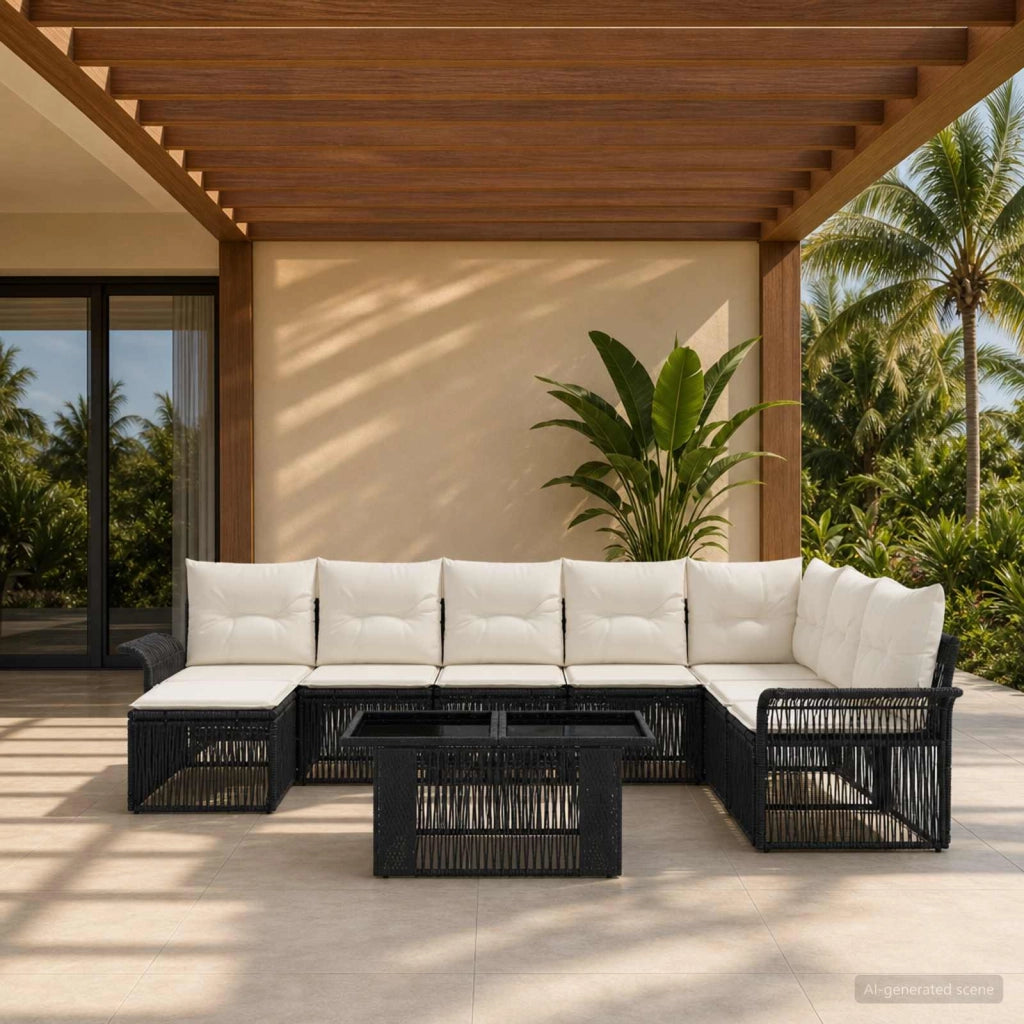 Set Divano da Giardino 9 pz Nero e Bianco Crema polyrattan 3436681