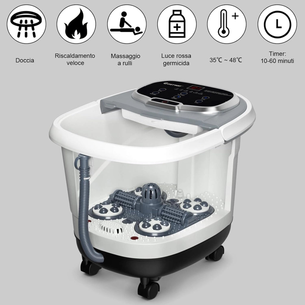 Idromassaggio per Piedi, Pediluvio Massaggiatore Plantare Massaggio Shiatsu, con Funzione Calore Timer e Rulli Luce a Infrarossi, Idromassaggiatore 15L (Grigio)