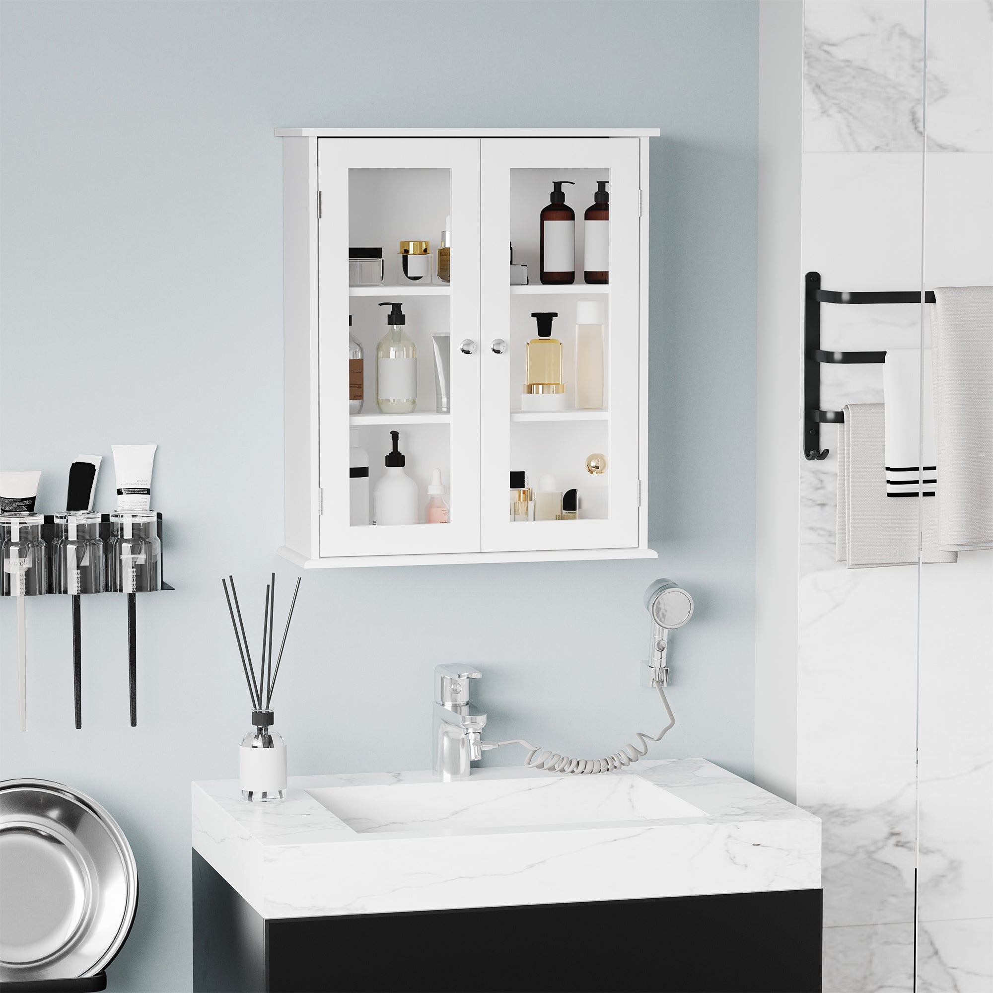 Pensile da Bagno Armadietto con Anta a Vetro 55x20x65 cm in Legno Bianco