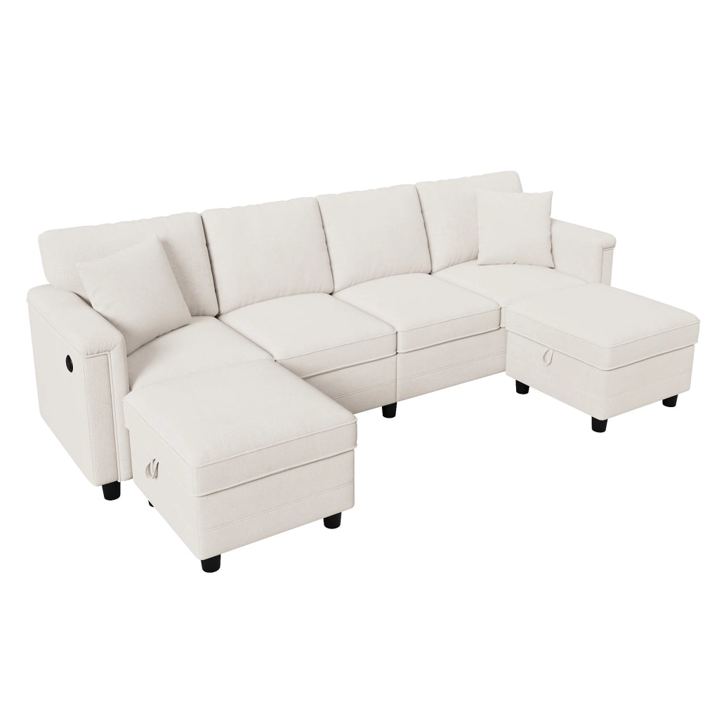 Divano modulare in ciniglia con 2 pouf contenitore; USB e Type-C; 261x134x82 cm; beige