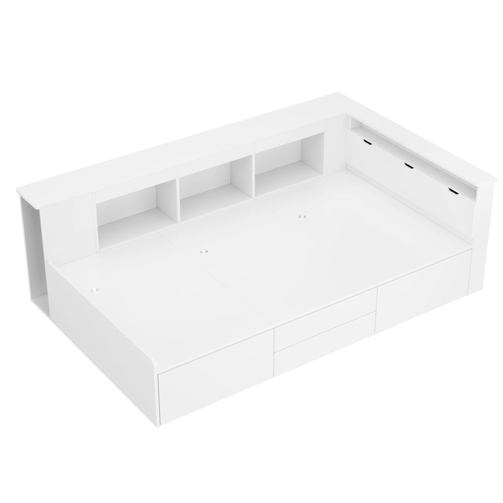 Letto per bambini 90x200 cm bianco con cassetti, libreria laterale e vani contenitore, senza materasso