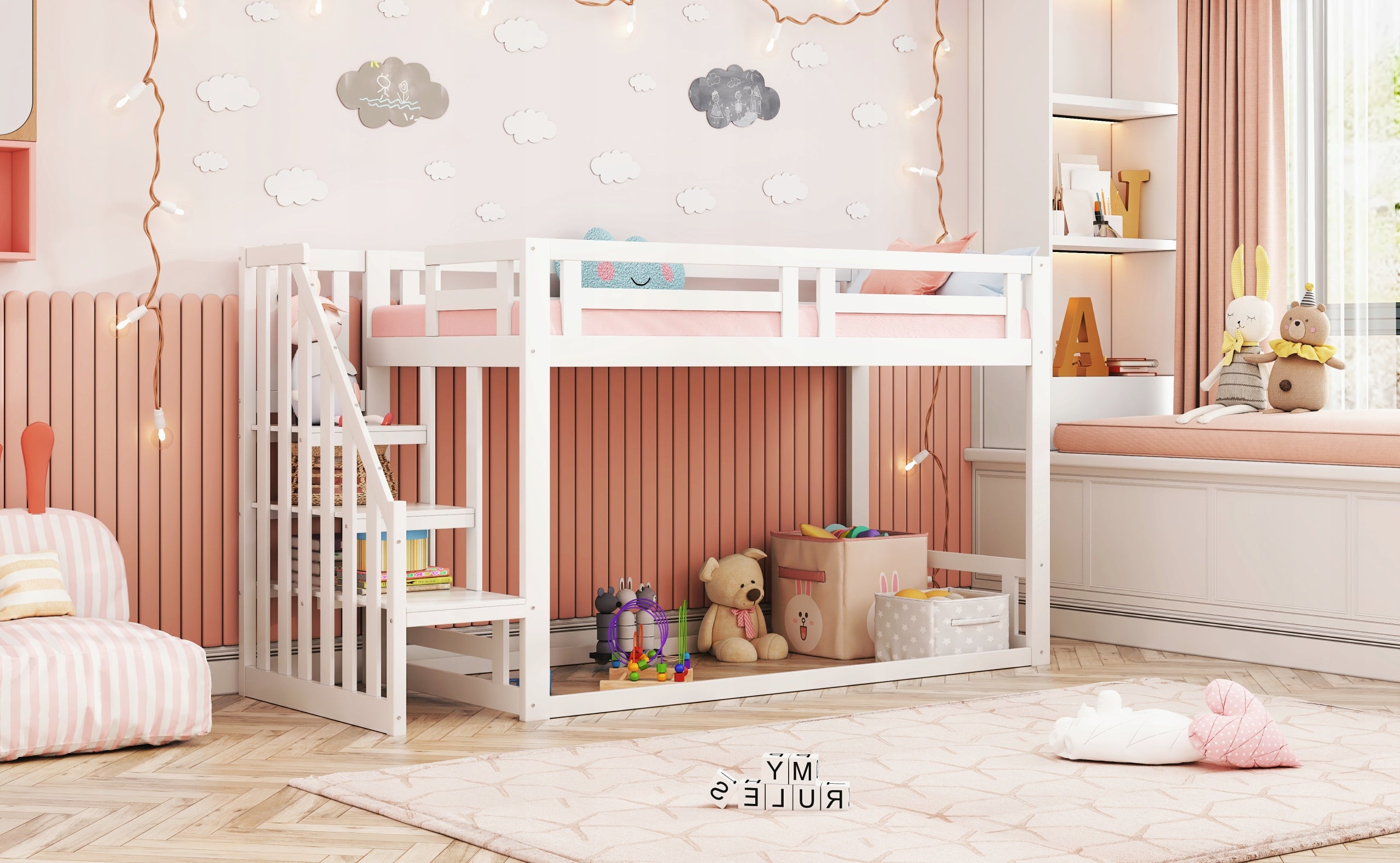 Letto a castello basso 90x200 - Xylo - Bianco con scala