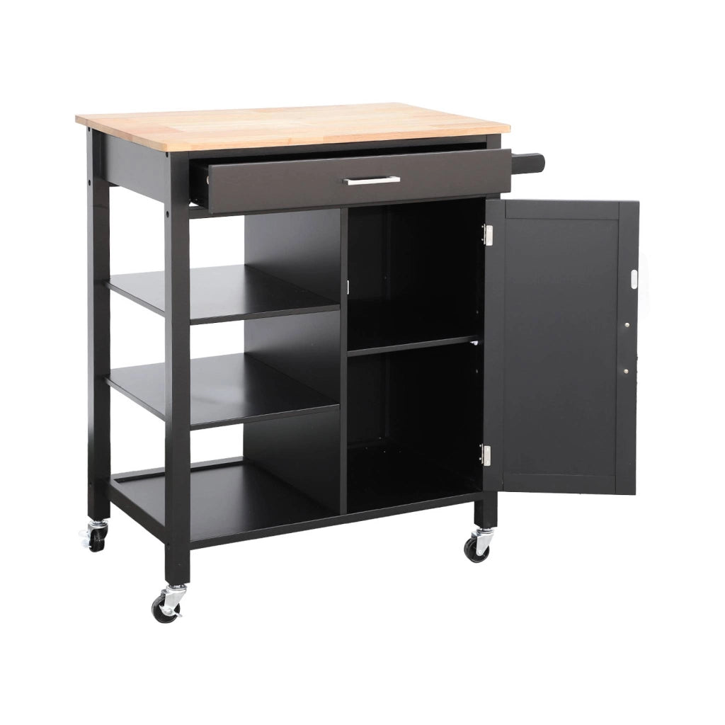 Carrello da cucina in legno di gomma con 5 ripiani, 74cm, nero