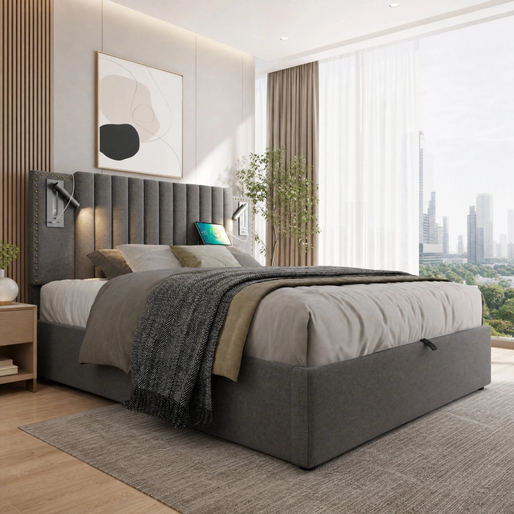 Letto matrimoniale imbottito 140x200 cm con contenitore, luci da lettura e porte USB, grigio
