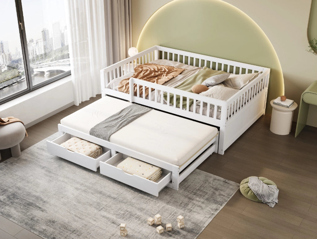 Divano letto 140x200 cm con letto estraibile; sponde di sicurezza e 2 cassetti in legno bianco