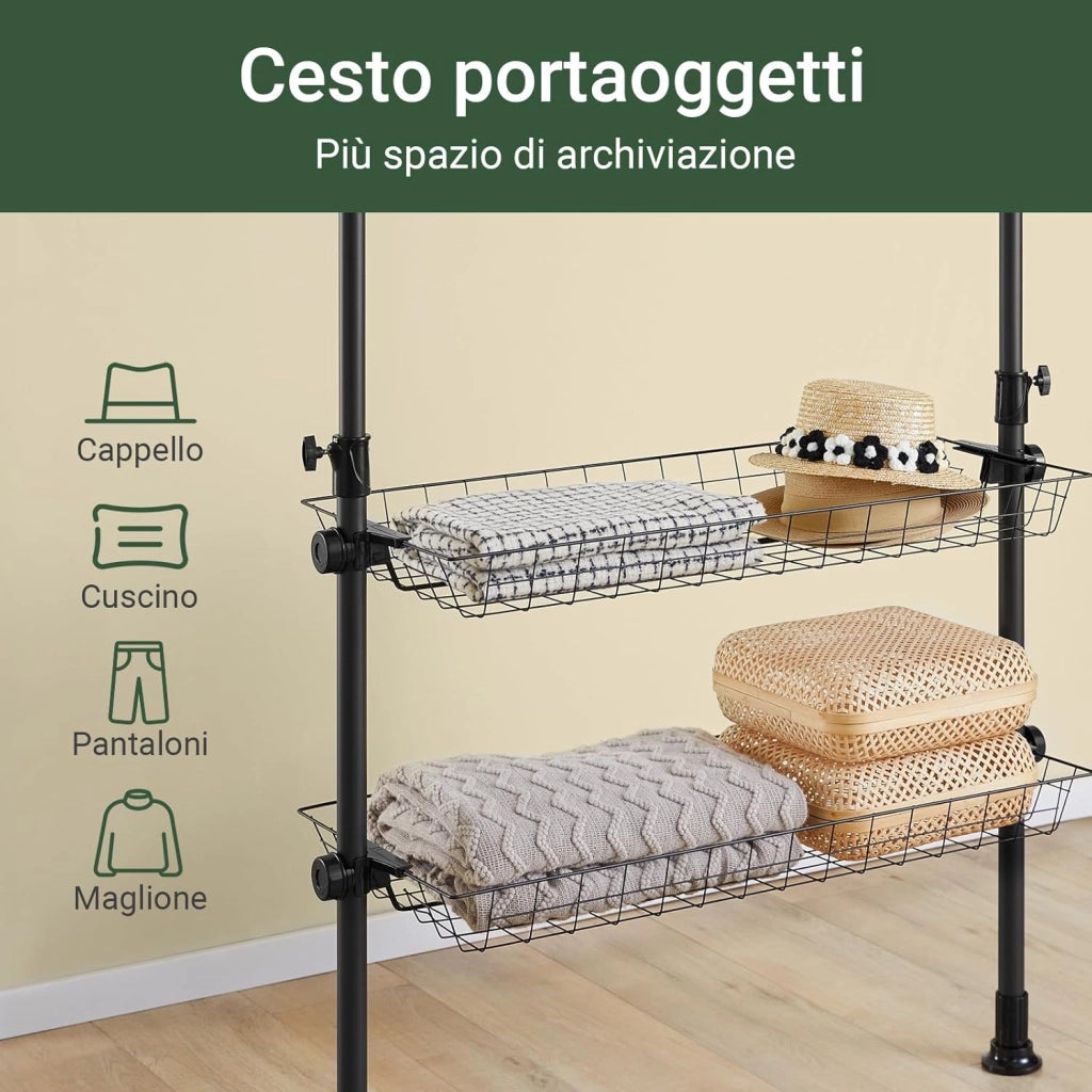 Telescopic Appendiabiti da Terra, Robusto Stand Appendiabiti con Aste e Ripiani, Armadio Aperto Regolabile per Camera da Letto, Porta Abiti Nero KLS04-II-SCH