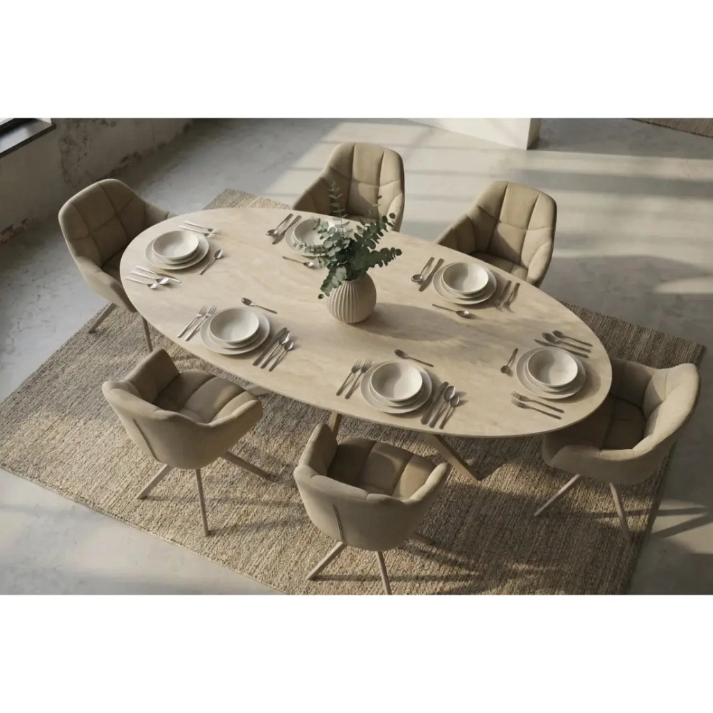 Tavolo da pranzo AVELIS ovale 220 cm in ceramica beige e metallo marrone stile contemporaneo