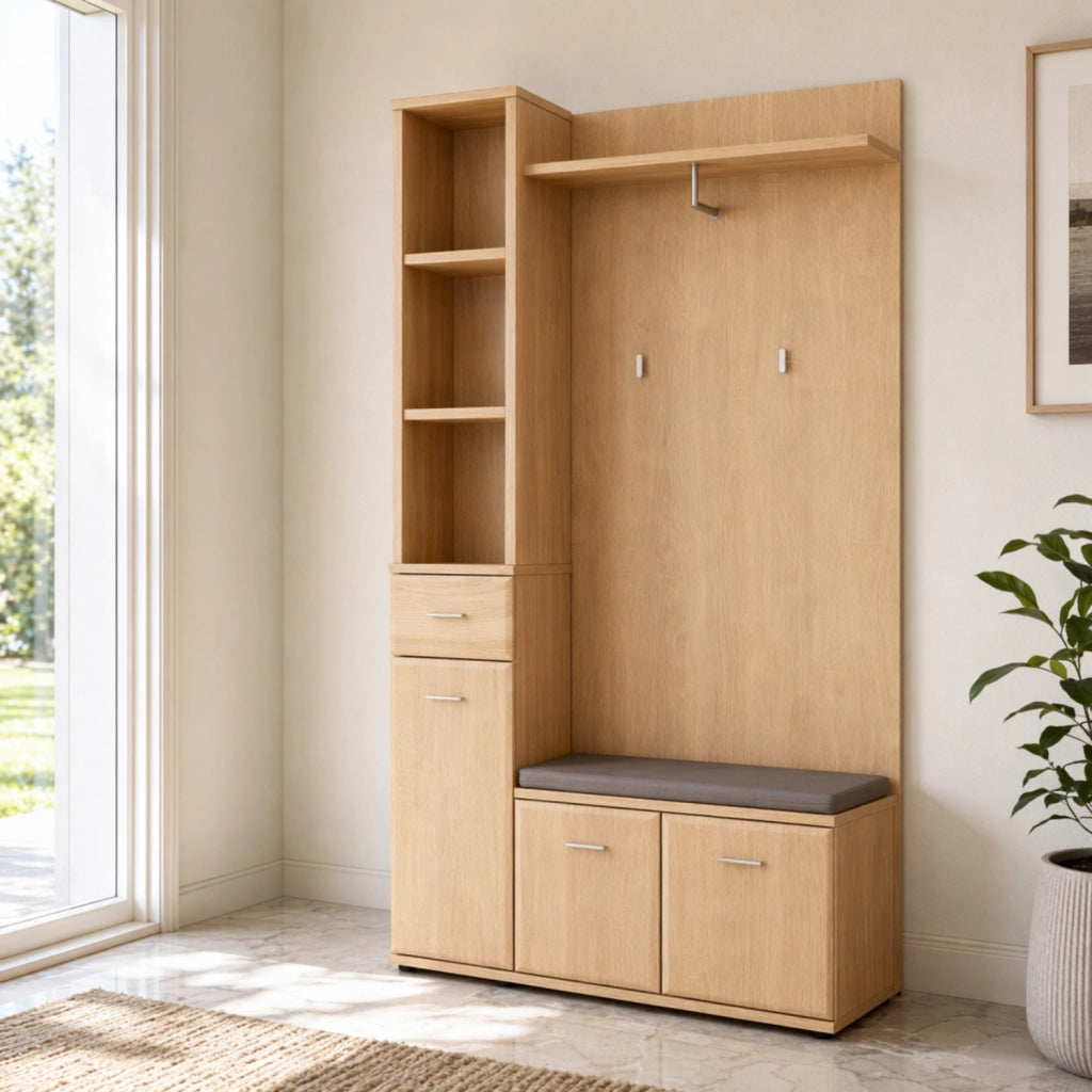 Set Ingresso E Panca Portascarpe Appendiabiti Mobile Entrata Vani Ripiani Contenitore Multifunzione Salvaspazio Per Corridoio Casa Design Moderno 90 x 32 x 203 Cm Rovere