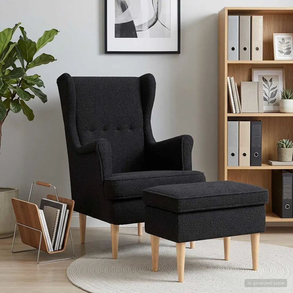Poltrona con Ottomano 2 pz Nero Bouclé 3418837
