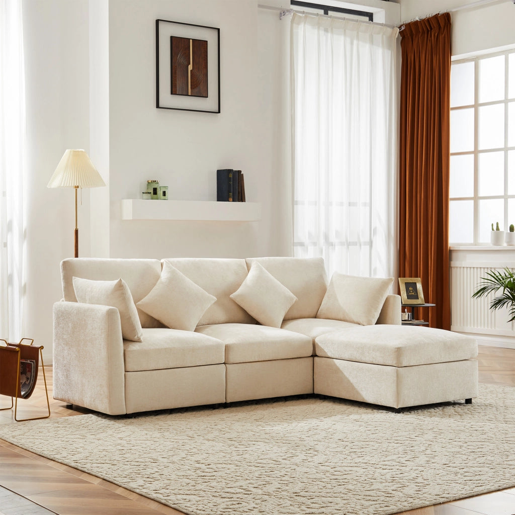 Divano Angolare Reversibile 3-4 Posti con Pouf Mobile; Cuscini Inclusi; Seduta Ergonomica in Ciniglia Beige