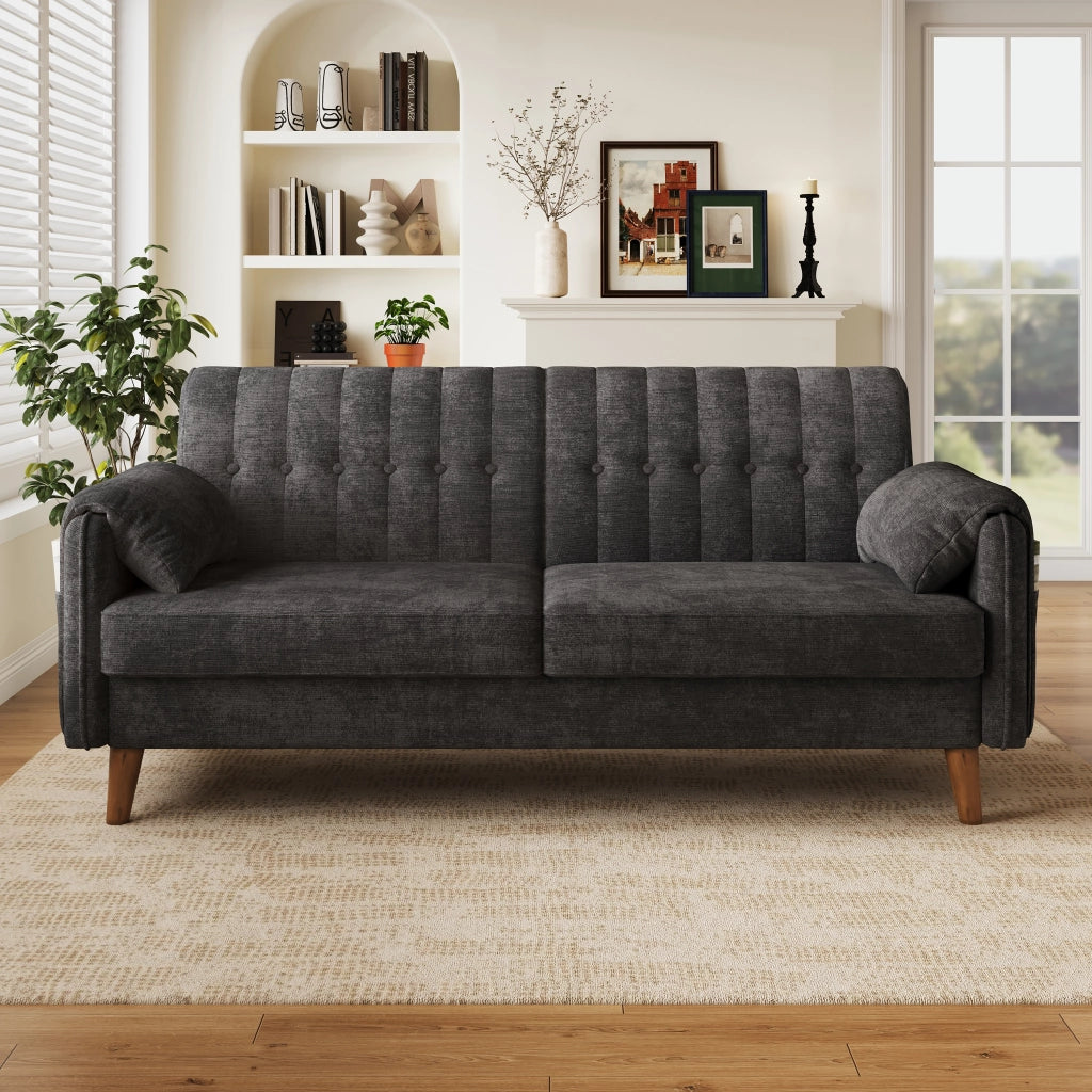 Divano a 2 posti compatto in chenille con schienale ergonomico, cuscini bracciolo e tasche laterali grigio scuro
