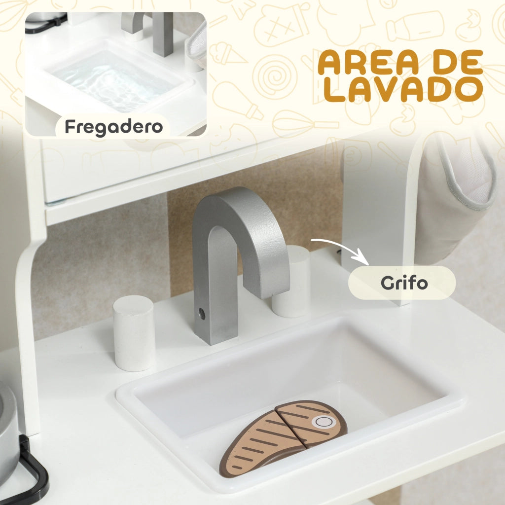 Cucina Giocattolo Bambini con Sonoro Accessori Lavello e Forno Microonde Legno ¨C Zephmum ¨C Bianco 80x30x90