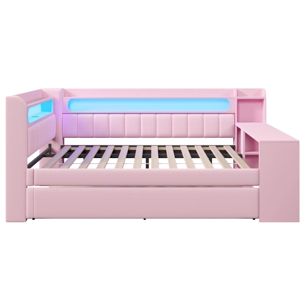 Letto imbottito 140x200 cm con LED; USB; letto estraibile e scrivania in lino rosa