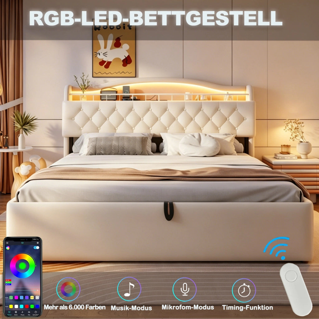 LETTO Contenitore 180x200 cm in tessuto beige con LED, USB e USB-C