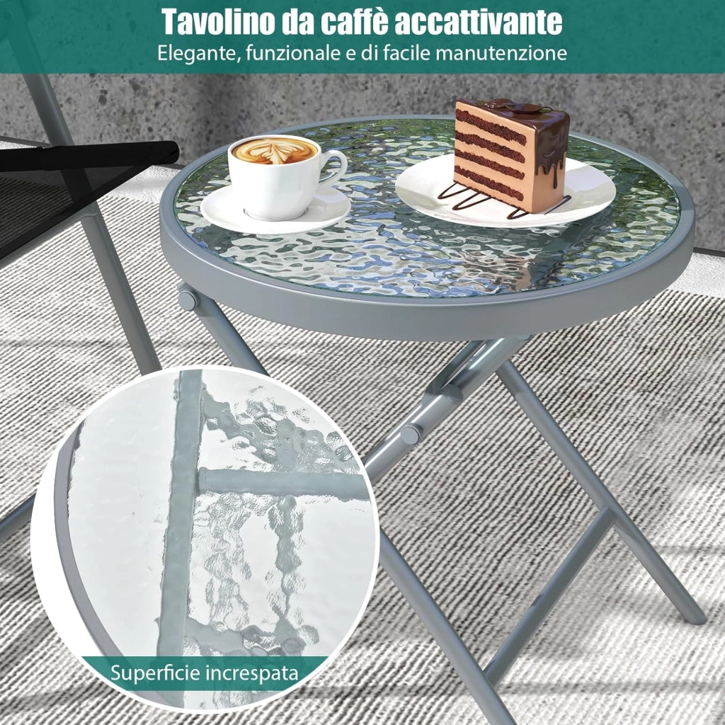 Set Tavolo e Sedie da Giardino Pieghevoli, Set Mobili da Esterno 3 Pezzi con Sedia in Textilene e Tavolino Rotondo in Vetro Temperato, Salottino da Giardino Balcone Bistrò