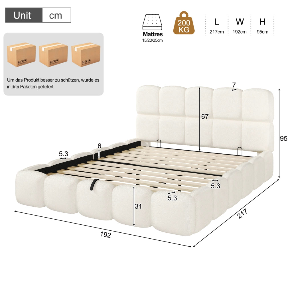 Letto imbottito 180 × 200 cm con contenitore idraulico e rete a doghe inclusa in bouclé bianco