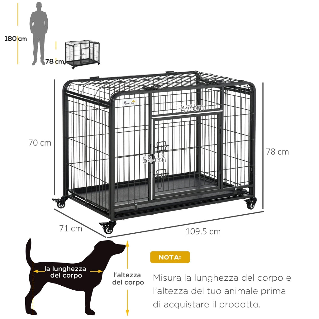 Gabbia per Cani Pieghevole 109,5x71x78 cm con Ruote in Metallo Grigio Scuro