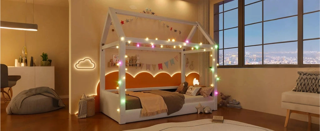 Letto a giorno con luci LED in MDF beige 90x200 cm