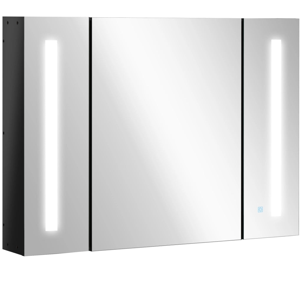 EasyComfort Armadietto con Specchio da Bagno a Parete in MDF con 3 Armadietti, 3 Ripiani e Luce LED, 90x15x65 cm, Nero