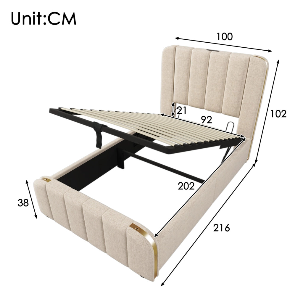 Letto singolo 90x200 cm in lino beige con testiera imbottita; USB e contenitore idraulico