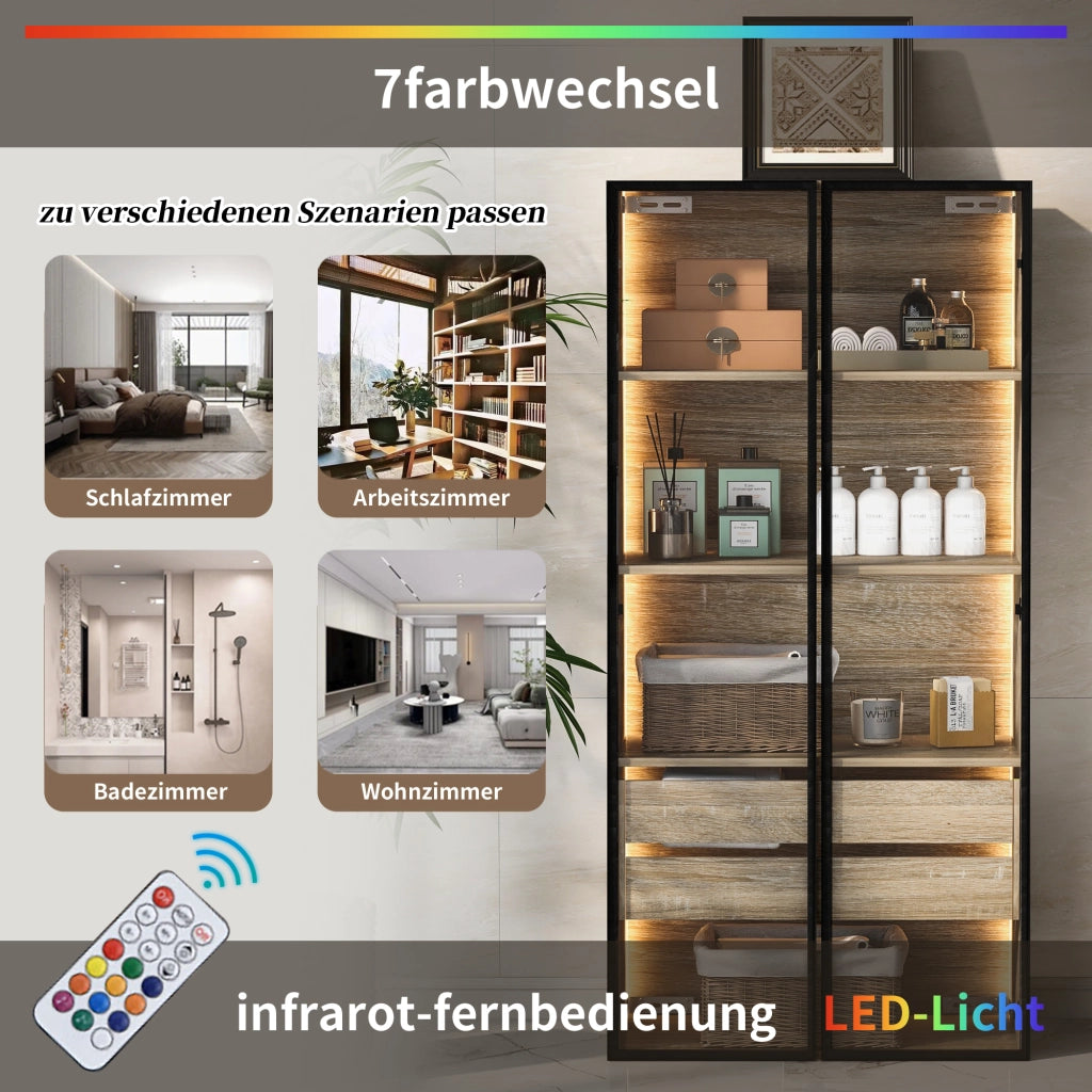 Armadietto da bagno con LED, 2 cassetti, 2 ante in vetro satinato e vani aperti, per bagno, in MDF naturale, 73 cm