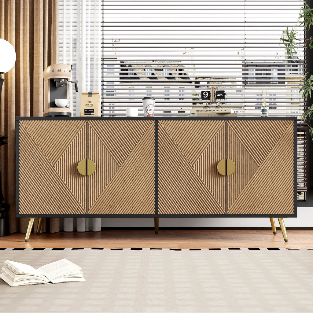 OKWISH Madia con 4 Ante e Cerniere con Chiusura Ammortizzata per Soggiorno o Sala da Pranzo, MDF e Truciolare, Nero e Legno, 160 x 40 x 75 cm