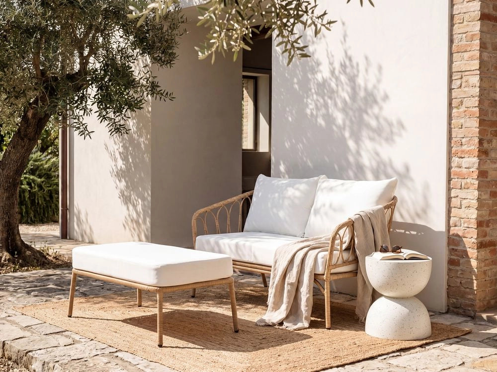 Divano da Giardino con Panca in Rattan PE Marrone Chiaro 2 Posti Struttura in Acciaio e Gambe in Metallo Cuscini Bianco Sporco Arredo da Esterno
