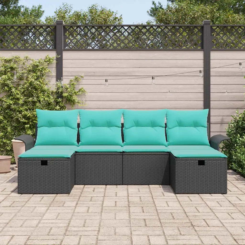 Set Divano da Giardino 6 pcs Nero e Turchese polyrattan