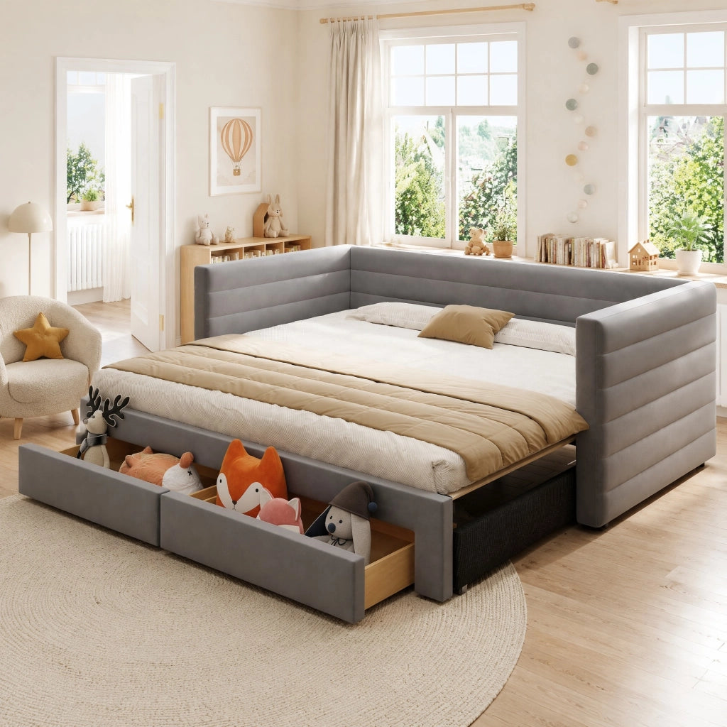 Letto imbottito estraibile 3 in 1 grigio 90x190 cm