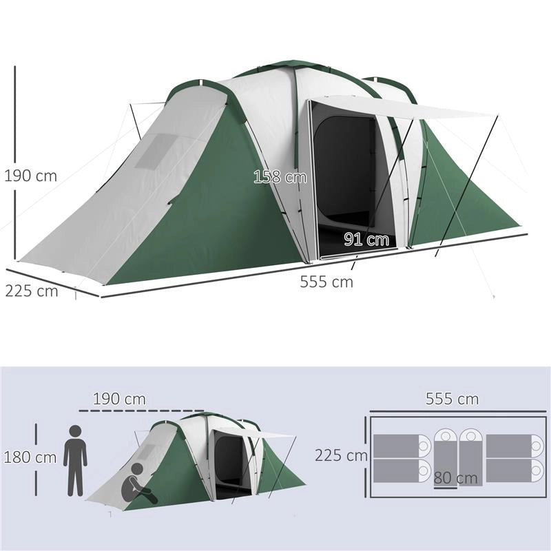 TENDA DA CAMPEGGIO 4-6 PERSONE CON 2 CAMERE IN POLIESTERE E FIBRA DI VETRO 555X225X190 CM GRIGIO E VERDE