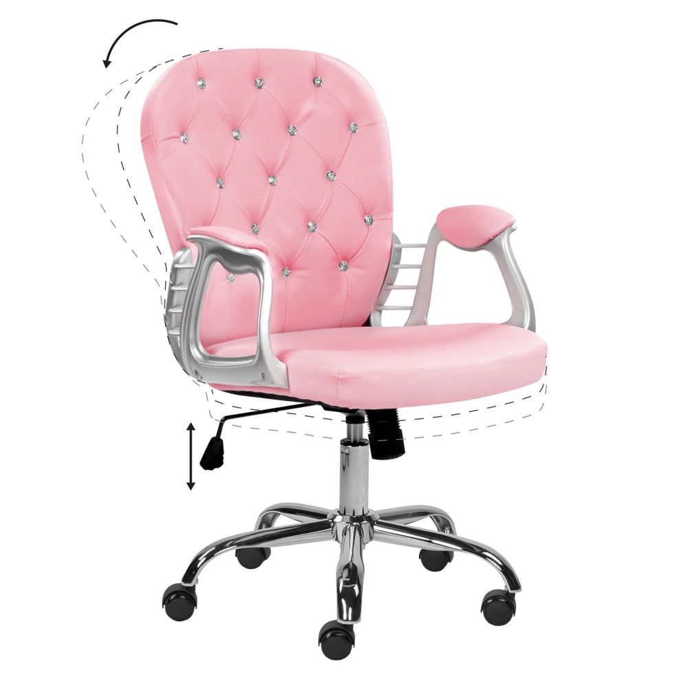 Sedia da ufficio in pelle sintetica rosa con cristalli e altezza regolabile e schienale trapuntato stile retrò moderno